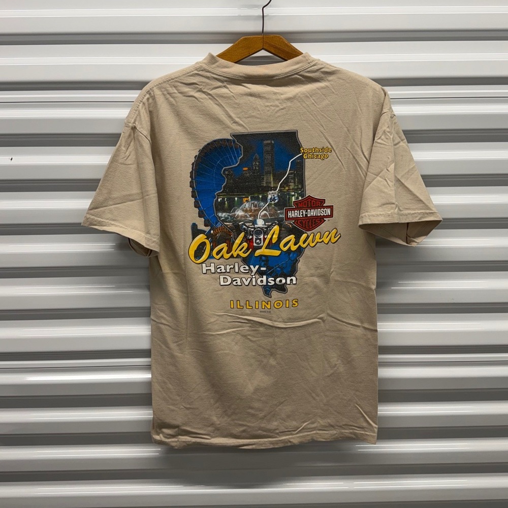 Vintage Harley Davidson Oak Lawn Illinois Tan Mens Large Shirt